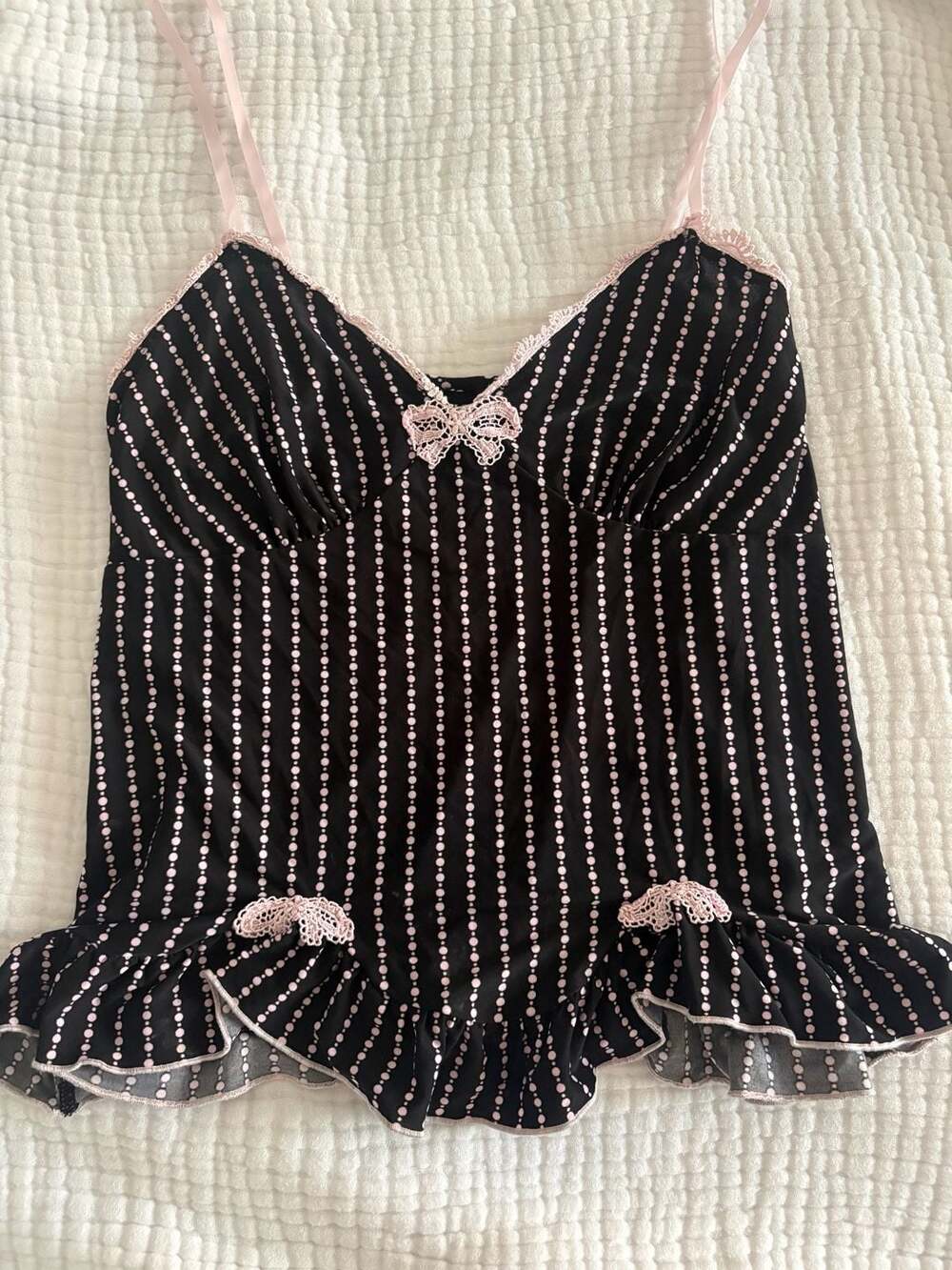 Studio Donatella Black and Pink Striped Lace Trim Camisole Tank Top